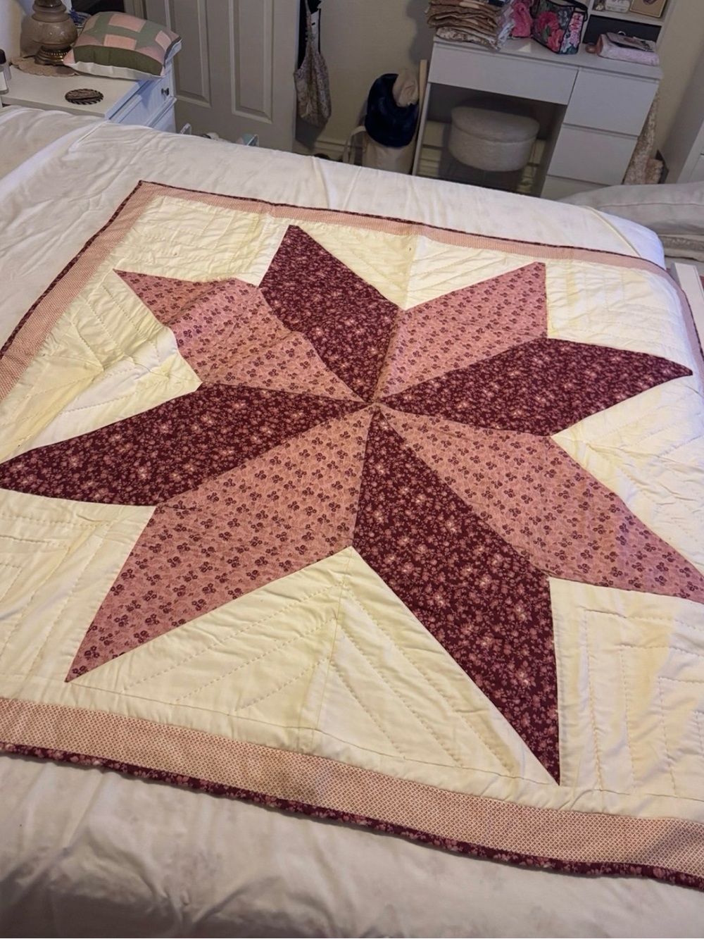 Handmade Star Patchwork Quilt in Pink and Deep Rose
